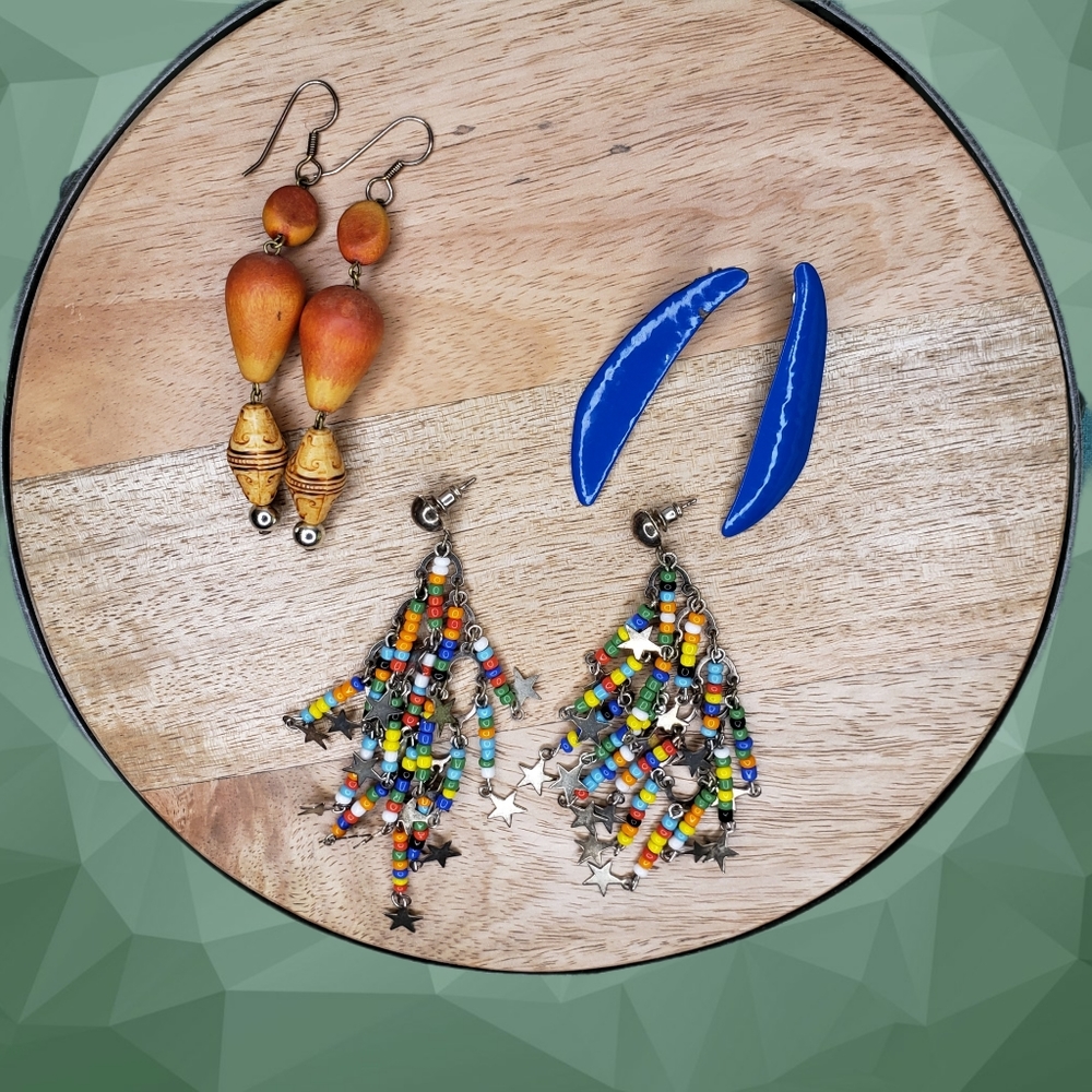 2/$15 vintage earrings chandelier stars wood bobbles blue swoops